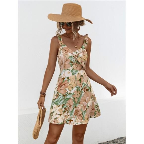 Printed Ruffled Surplice Wide Strap Mini Dress - Picture 1 of 12